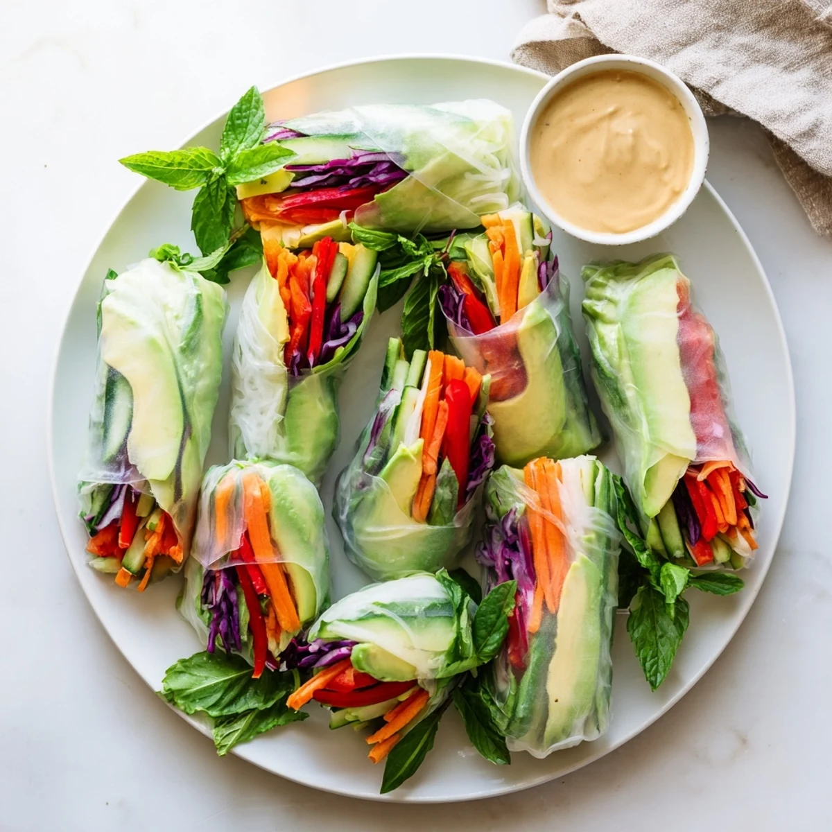 Close-up of fresh spring rolls displaying vibrant layers of carrot cucumber avocado and green herbs visible through rice paper