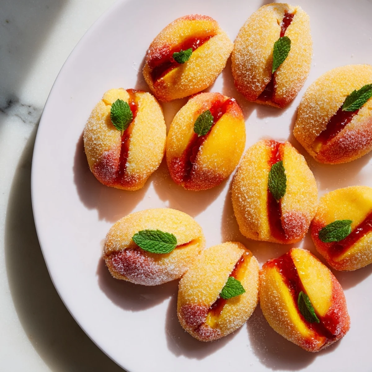 Peach-shaped sandwich cookies with chocolate jam filling and fresh mint garnish on white plate
