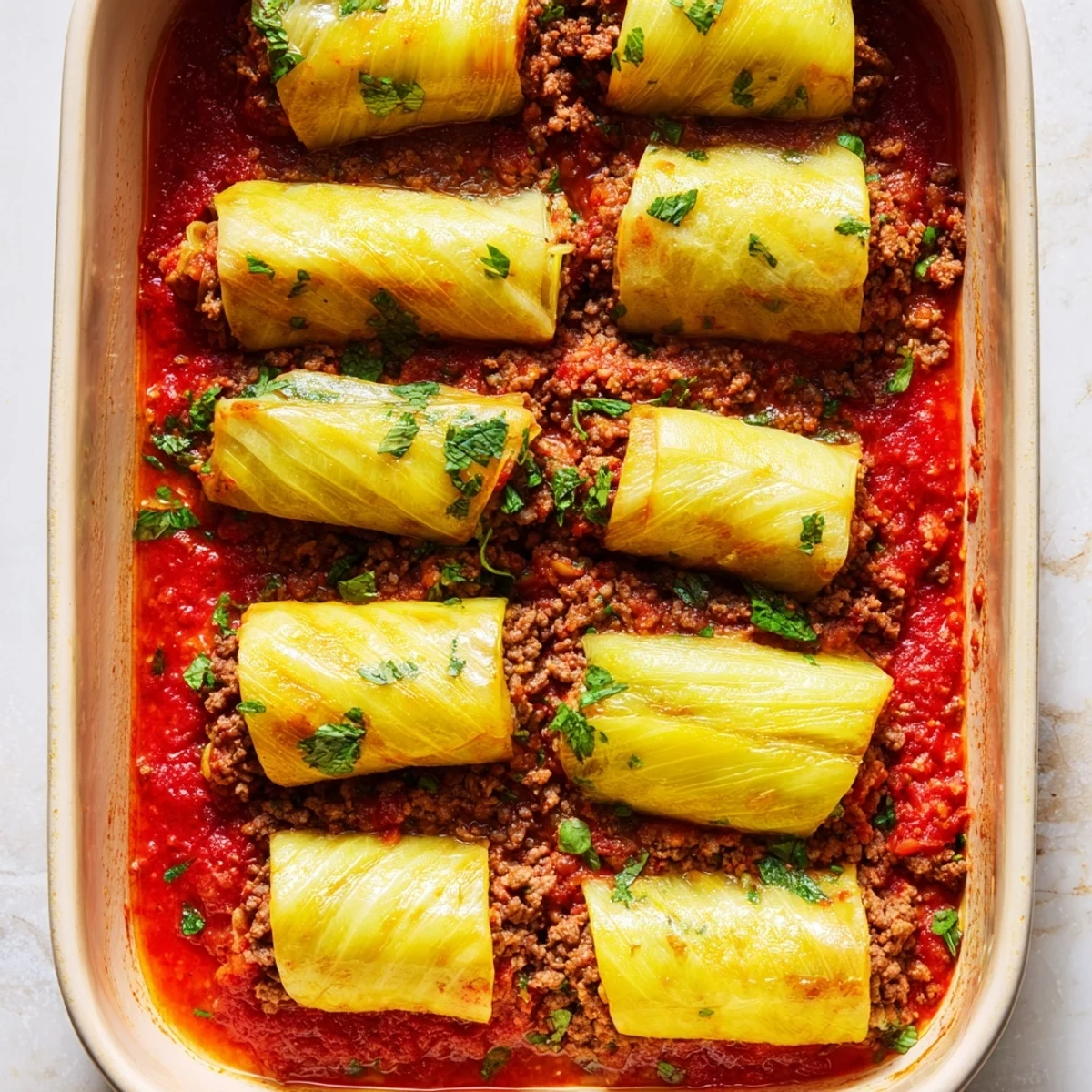 Golden Greek stuffed onions simmering in rich tomato sauce with tender beef and rice filling
