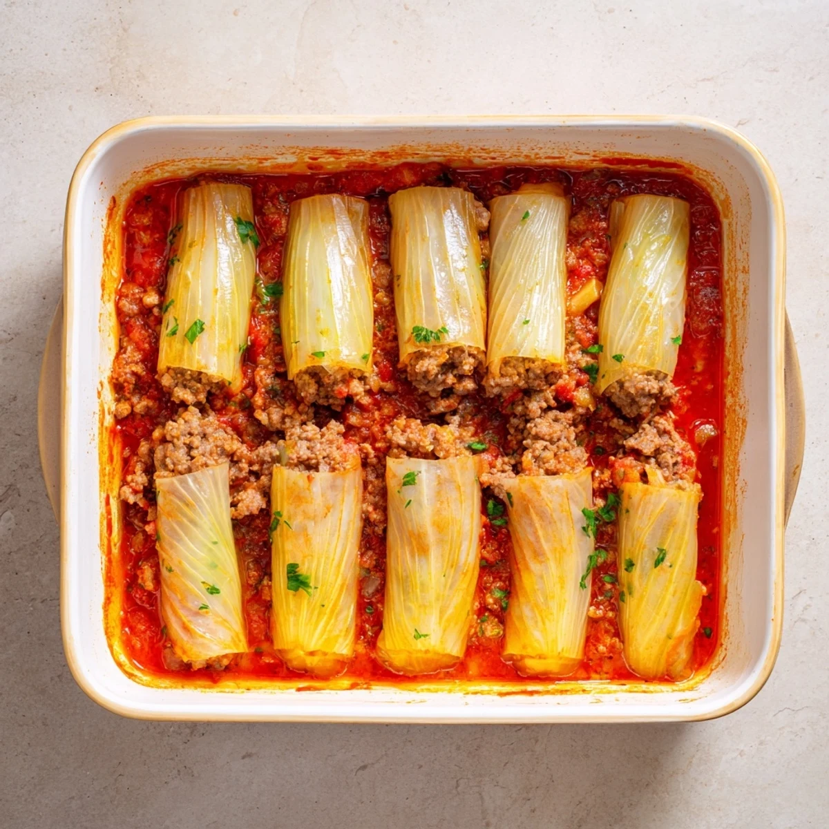 Tender onion layers wrapped around savory ground beef and herb rice in a red tomato bath