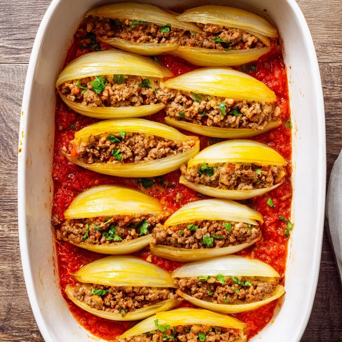 Baked Greek stuffed onions with beef rice filling nestled in thick tomato sauce with fresh herbs