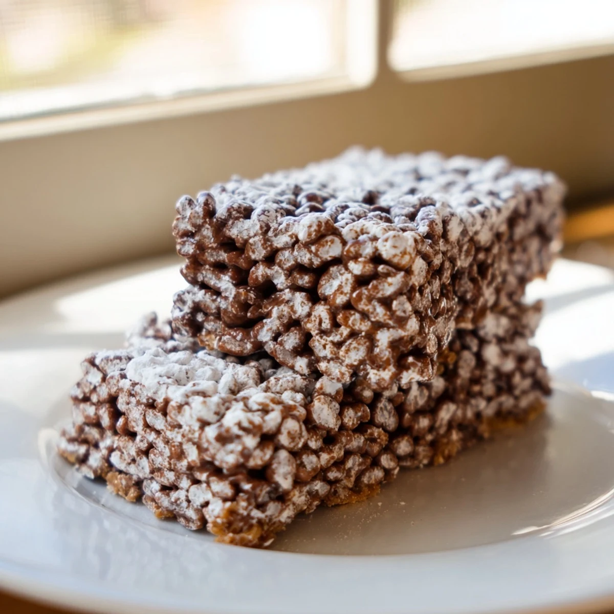 Chocolate peanut butter covered Rice Krispie treats dusted with powdered sugar on parchment paper