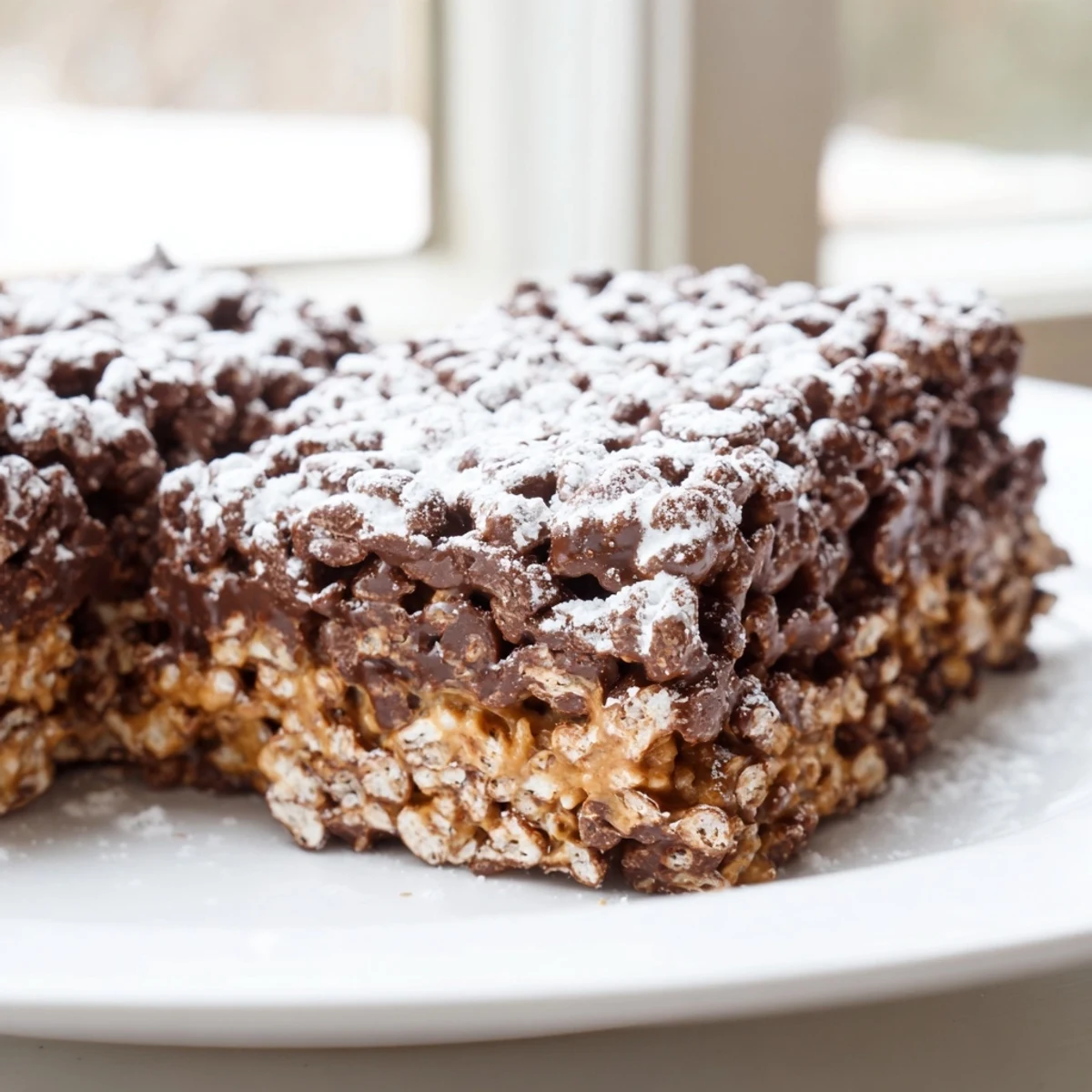 Muddy Buddy Rice Krispies squares coated in white powdered sugar on a white plate