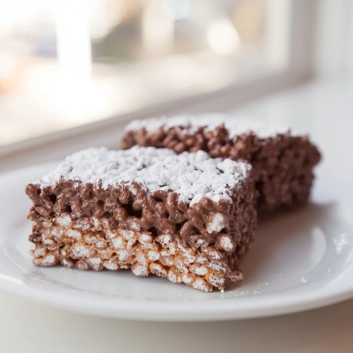 Homemade Muddy Buddy Rice Krispies dessert with chocolate peanut butter and powdered sugar coating
