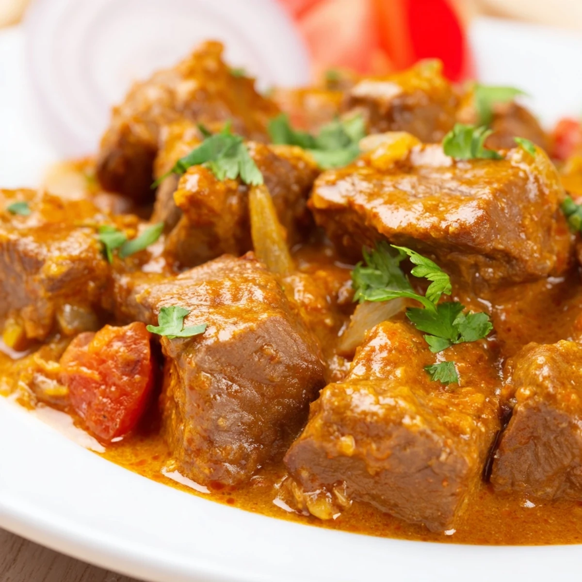 Tender beef cubes simmered in aromatic Indian spices with rich tomato coconut sauce