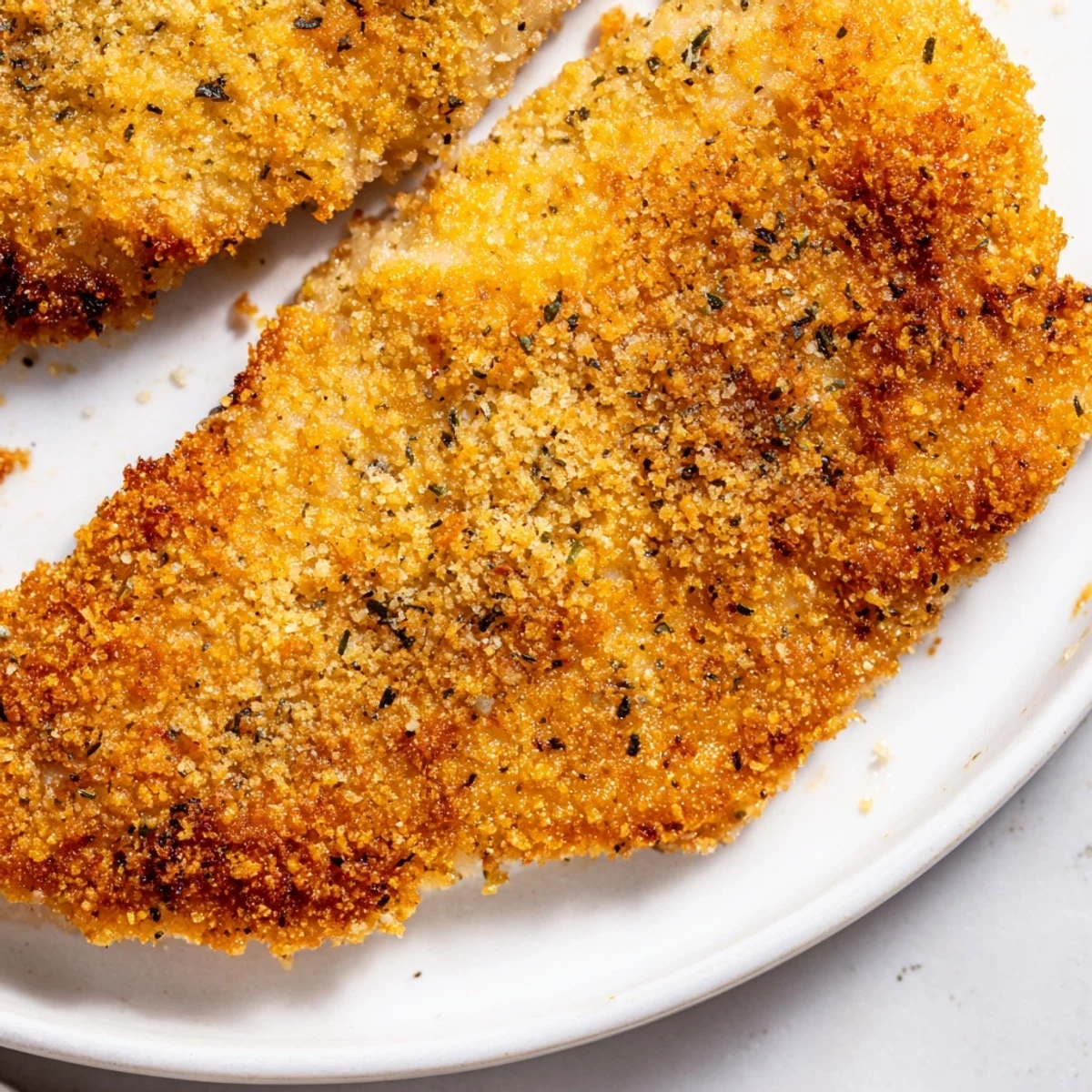 Crispy Italian chicken cutlets arranged on white plate with fresh lemon garnish