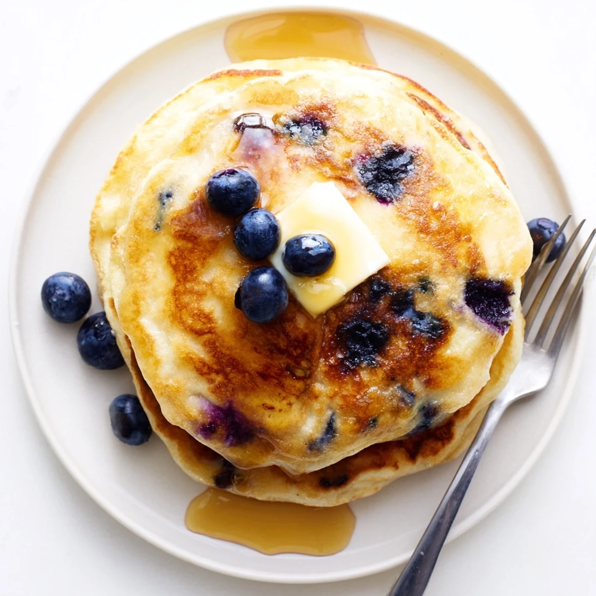 Golden brown Greek yogurt blueberry pancakes stacked high with melting butter and juicy berries for a hearty breakfast