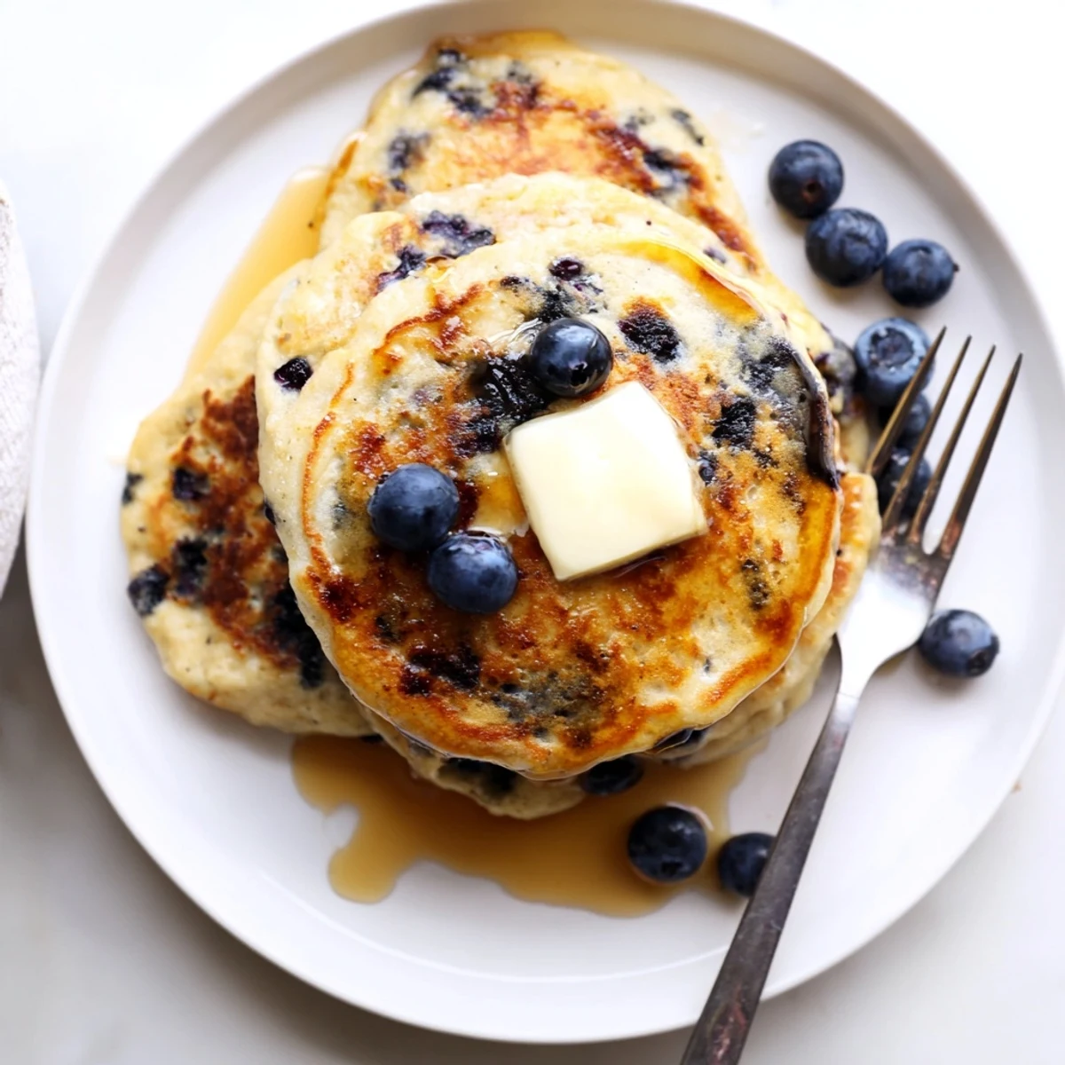 Stack of fluffy Greek yogurt blueberry pancakes drizzled with maple syrup and topped with fresh blueberries on a white plate