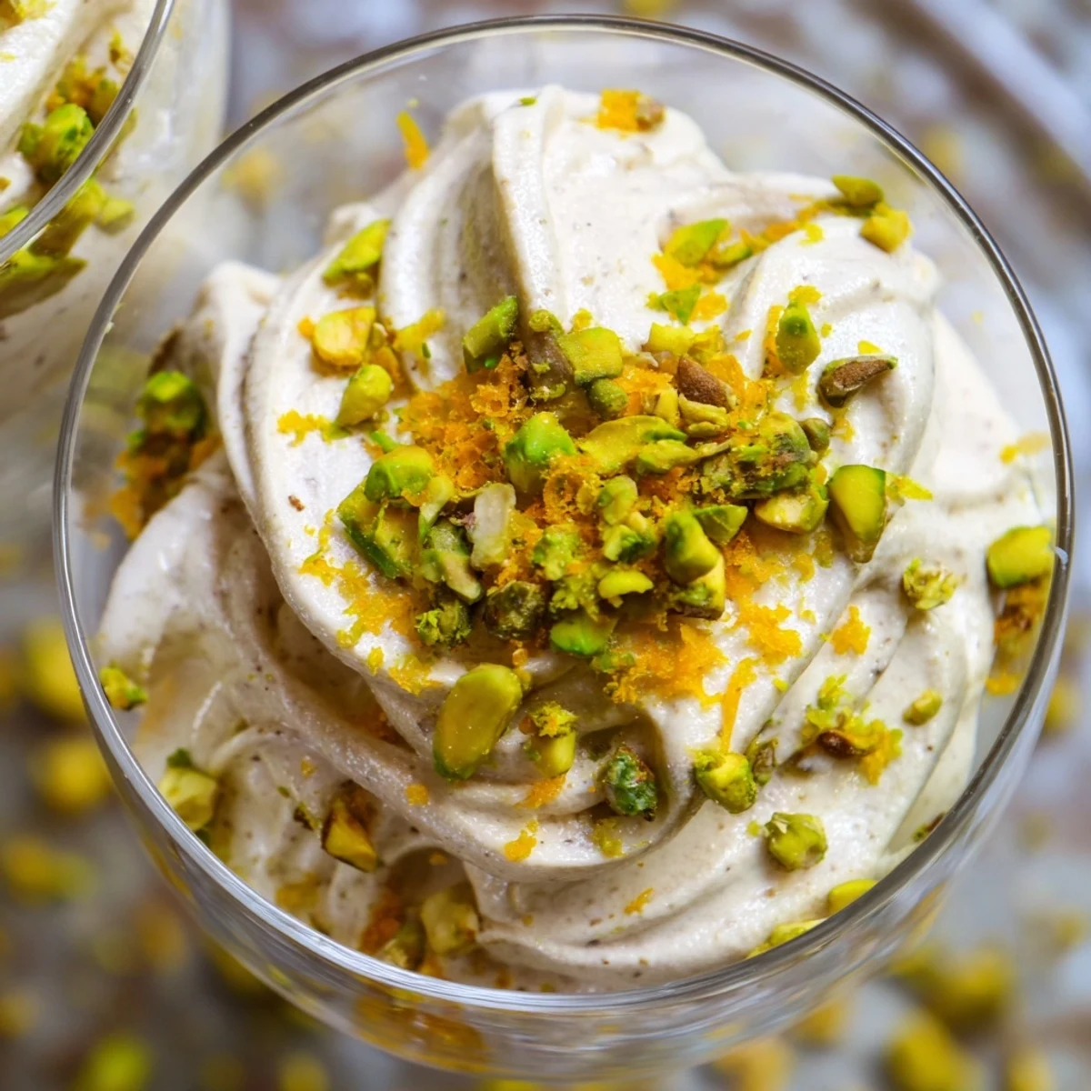 Creamy Lebanese date blossom mousse garnished with chopped pistachios and dried rose petals in elegant glass