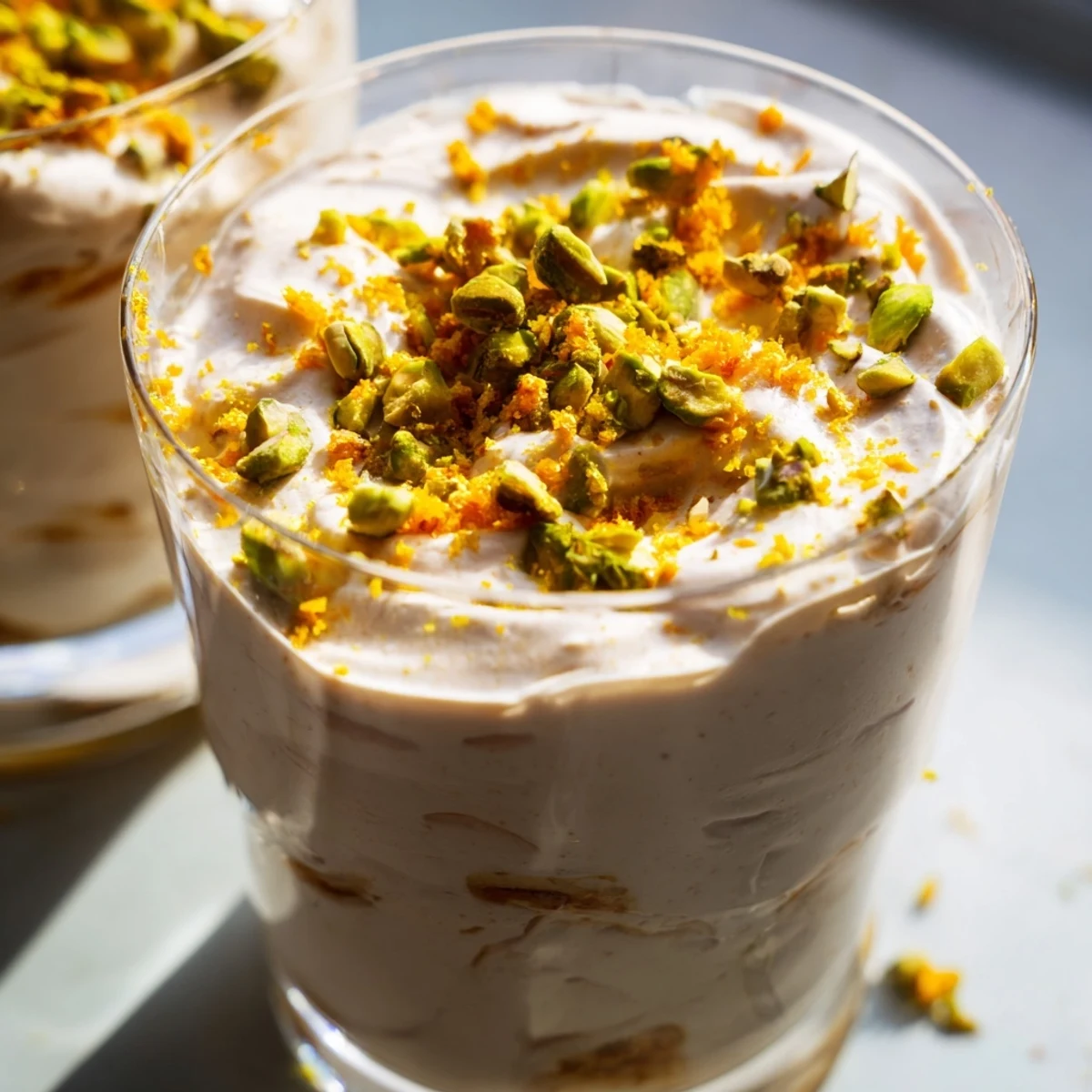 Light and airy Lebanese date blossom mousse dessert topped with orange zest and crunchy pistachios