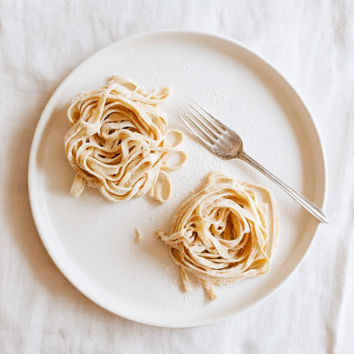 Golden strands of homemade sourdough pasta dusted with flour on a wooden board