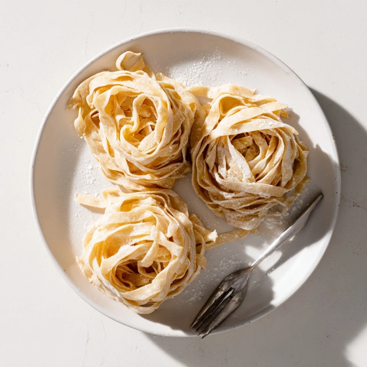 Freshly cut tagliatelle made from tangy sourdough starter arranged in rustic mounds