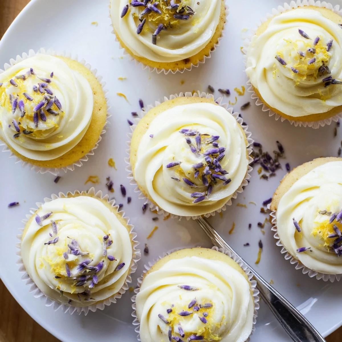 Fresh and fluffy lemon lavender cupcakes topped with creamy white frosting and garnished with purple buds