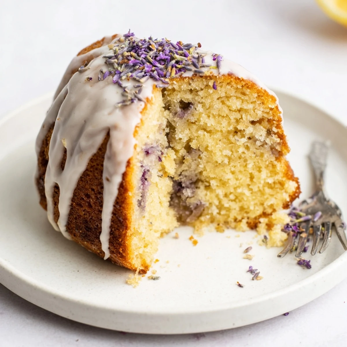 Elegant spring dessert featuring zesty Lemon Lavender Cake with smooth glaze, floral lavender accents, and fresh lemon zest garnish