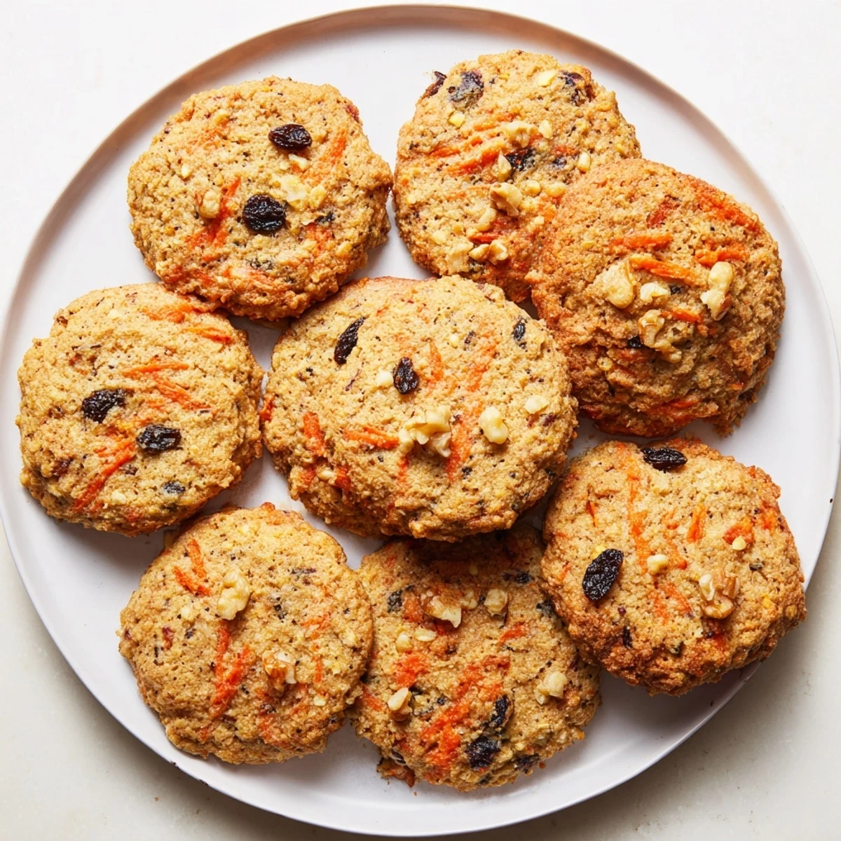 Soft spiced carrot cake cookies with visible carrot shreds and nutty pieces arranged on a white plate