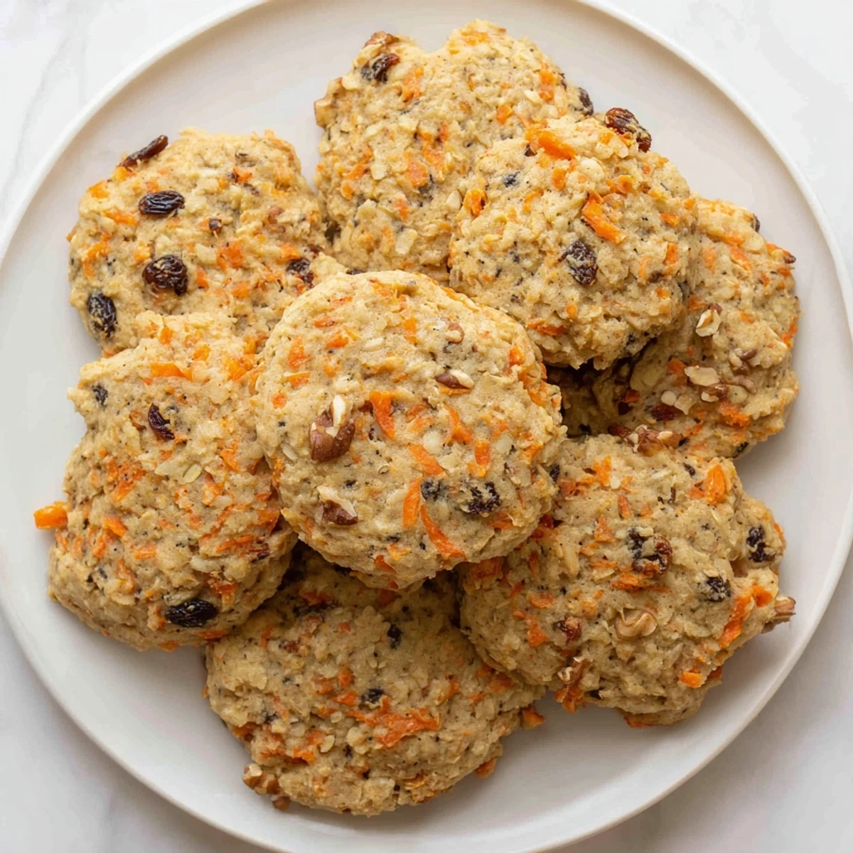 Stack of homemade carrot cake cookies topped with cream cheese glaze and fresh carrot garnish