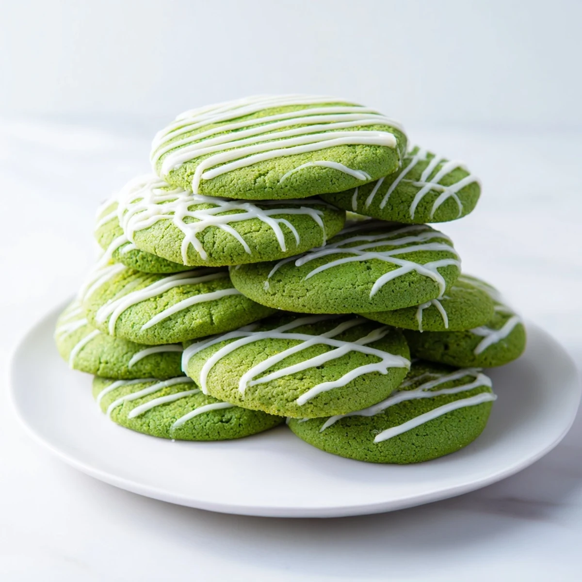 Holiday green velvet cookies decorated with melted white chocolate drizzle for dessert.