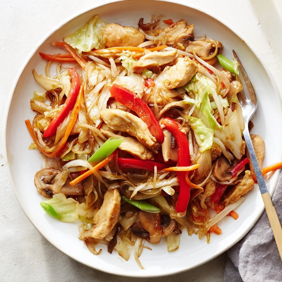 Homemade Chop Suey featuring crisp bean sprouts and bell peppers over steaming white rice