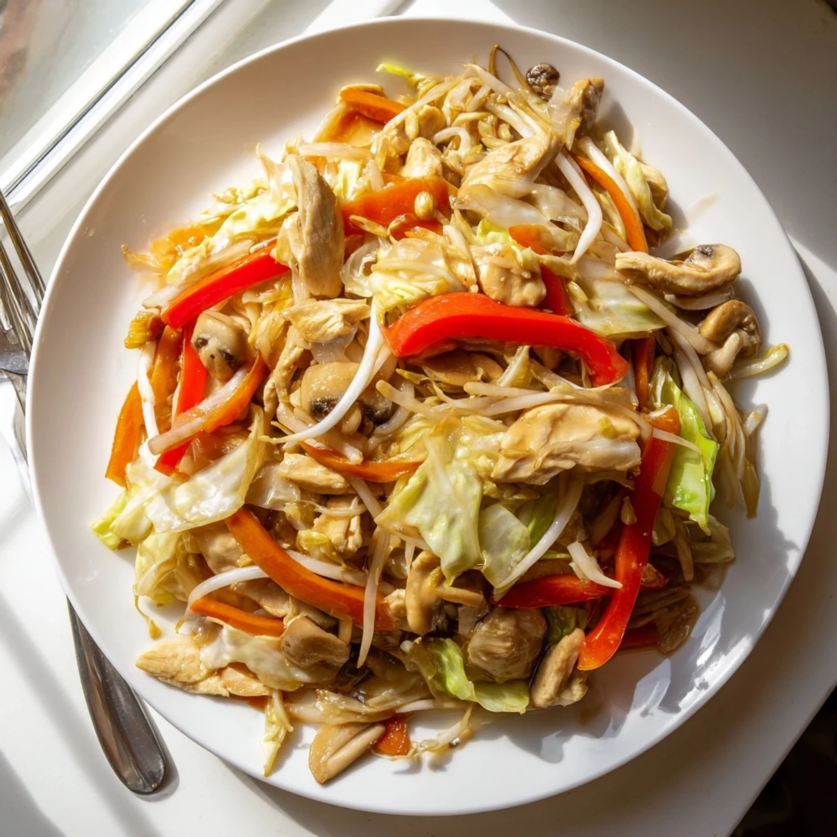 Sizzling wok-tossed Chop Suey with juicy pork slices and vibrant mixed vegetables in dark sauce