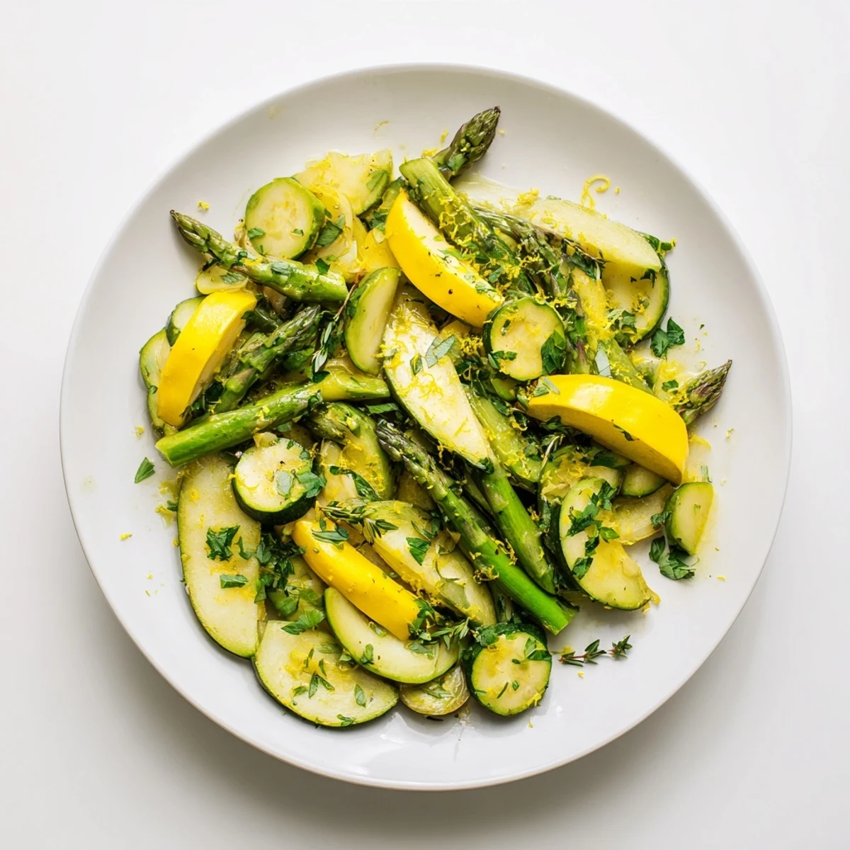 Golden sautéed asparagus with zucchini and yellow squash featuring fresh green vegetables in a skillet