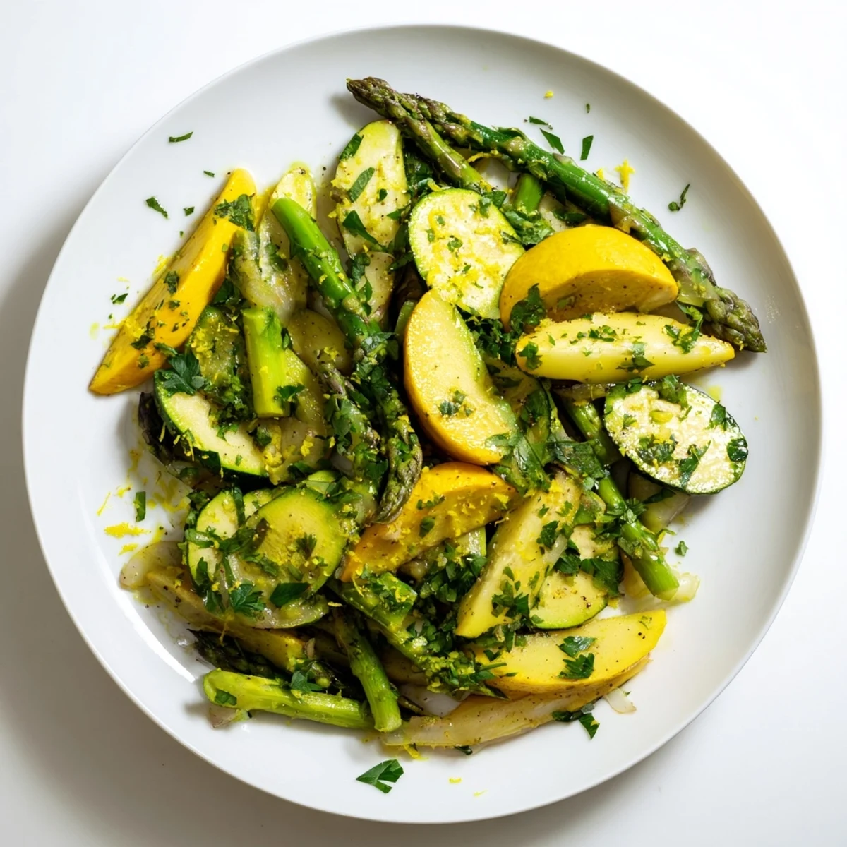 Colorful Mediterranean vegetable medley showcasing tender asparagus, zucchini, and squash garnished with bright green parsley