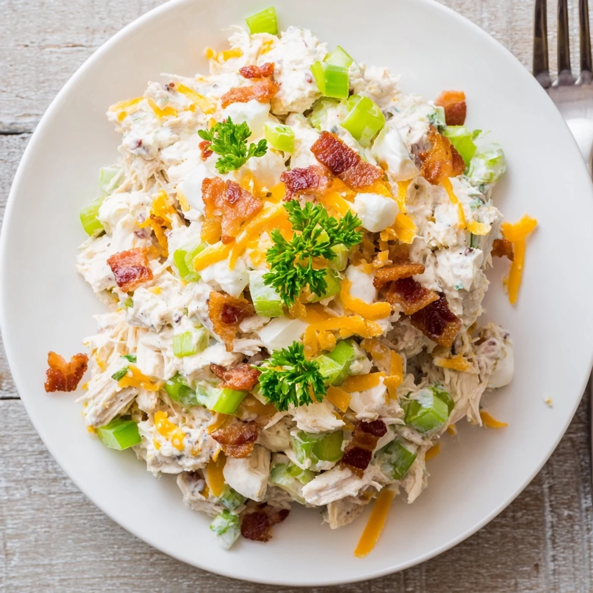 Zesty jalapeno popper cottage cheese chicken salad featuring shredded chicken, diced jalapeños, melted cheddar, and crumbled bacon on a bed of crisp lettuce