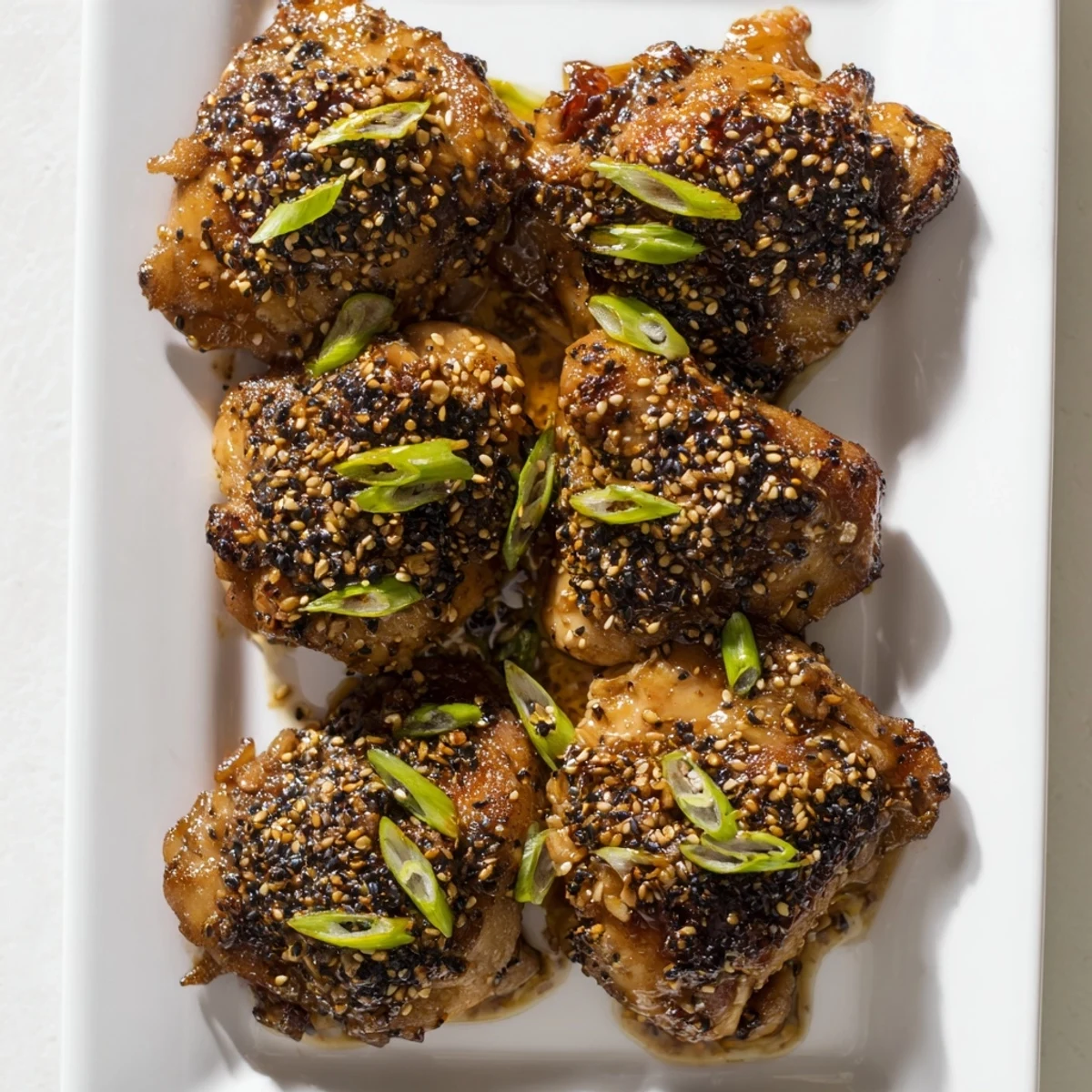 Golden oven-roasted garlic miso chicken thighs with caramelized edges and sesame garnish