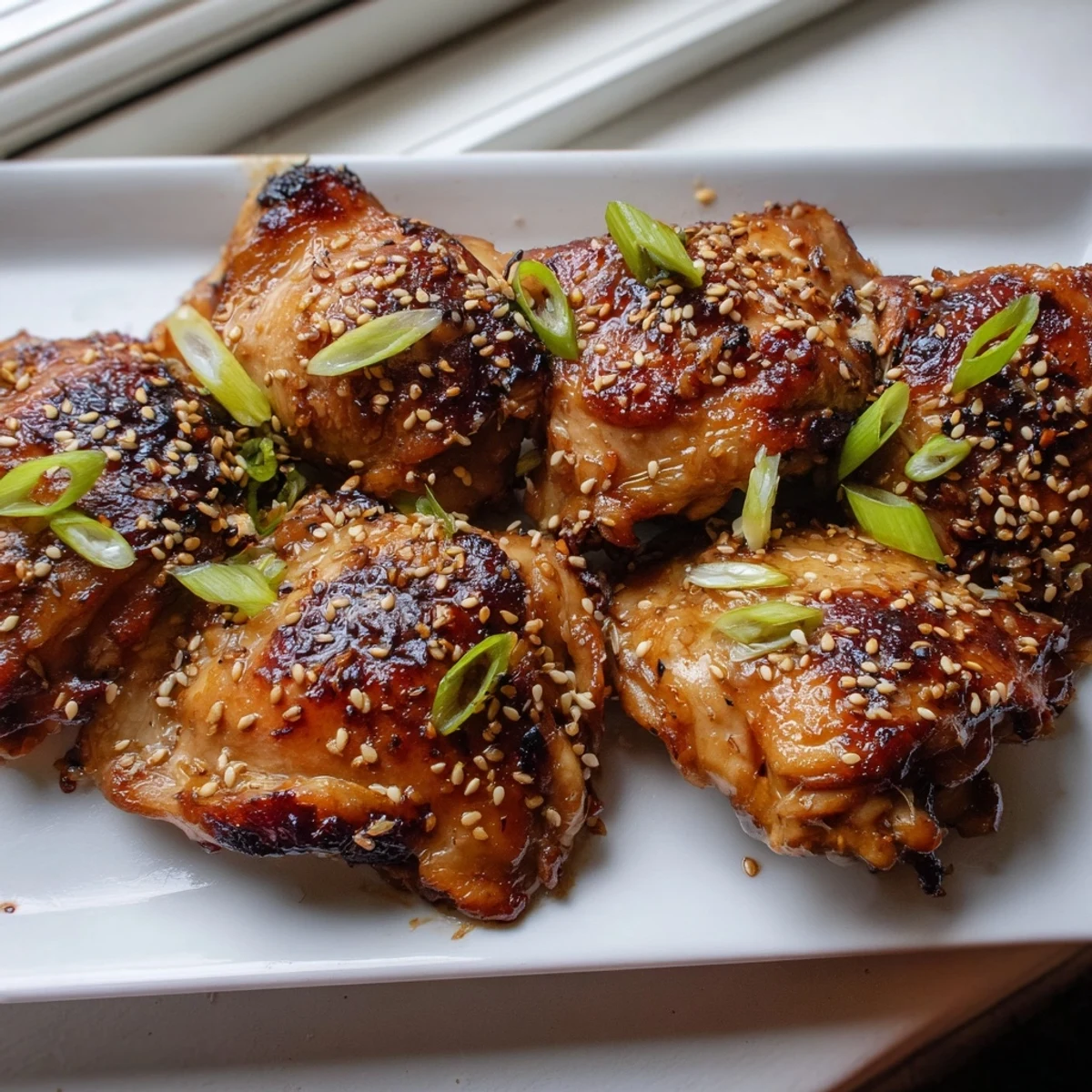 Tender juicy chicken pieces marinated in savory miso garlic sauce on white plate