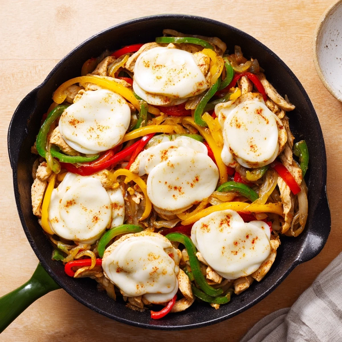 Golden melted provolone blankets tender chicken and colorful sautéed peppers in this chicken cheesesteak skillet