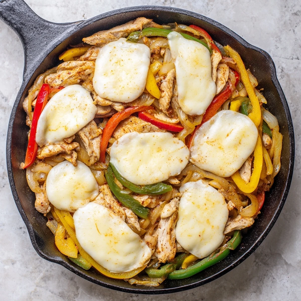 Sizzling chicken cheesesteak skillet loaded with bell peppers, onions, and gooey provolone cheese ready to serve