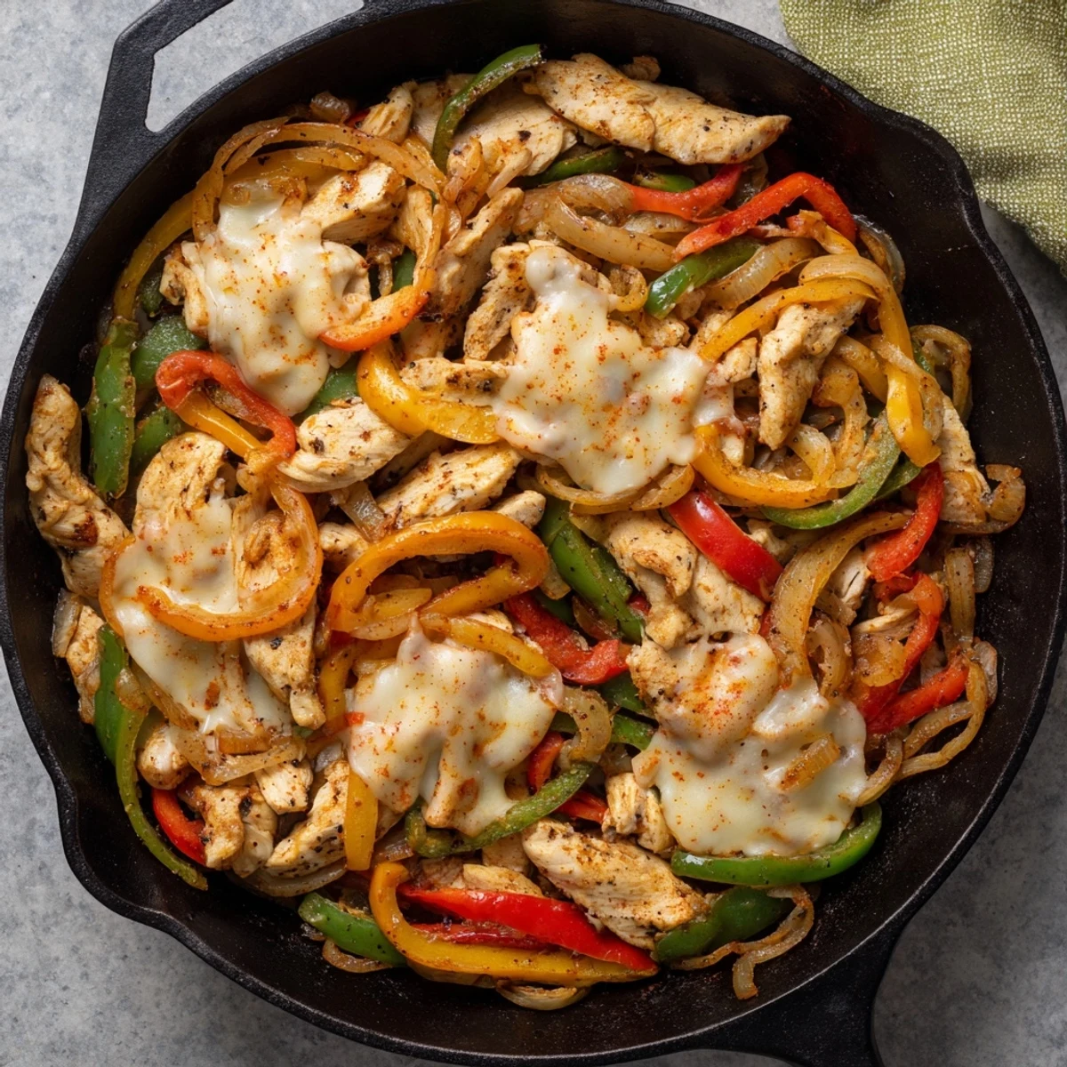 One-pan chicken cheesesteak skillet features sliced chicken breast with caramelized onions and melted cheese