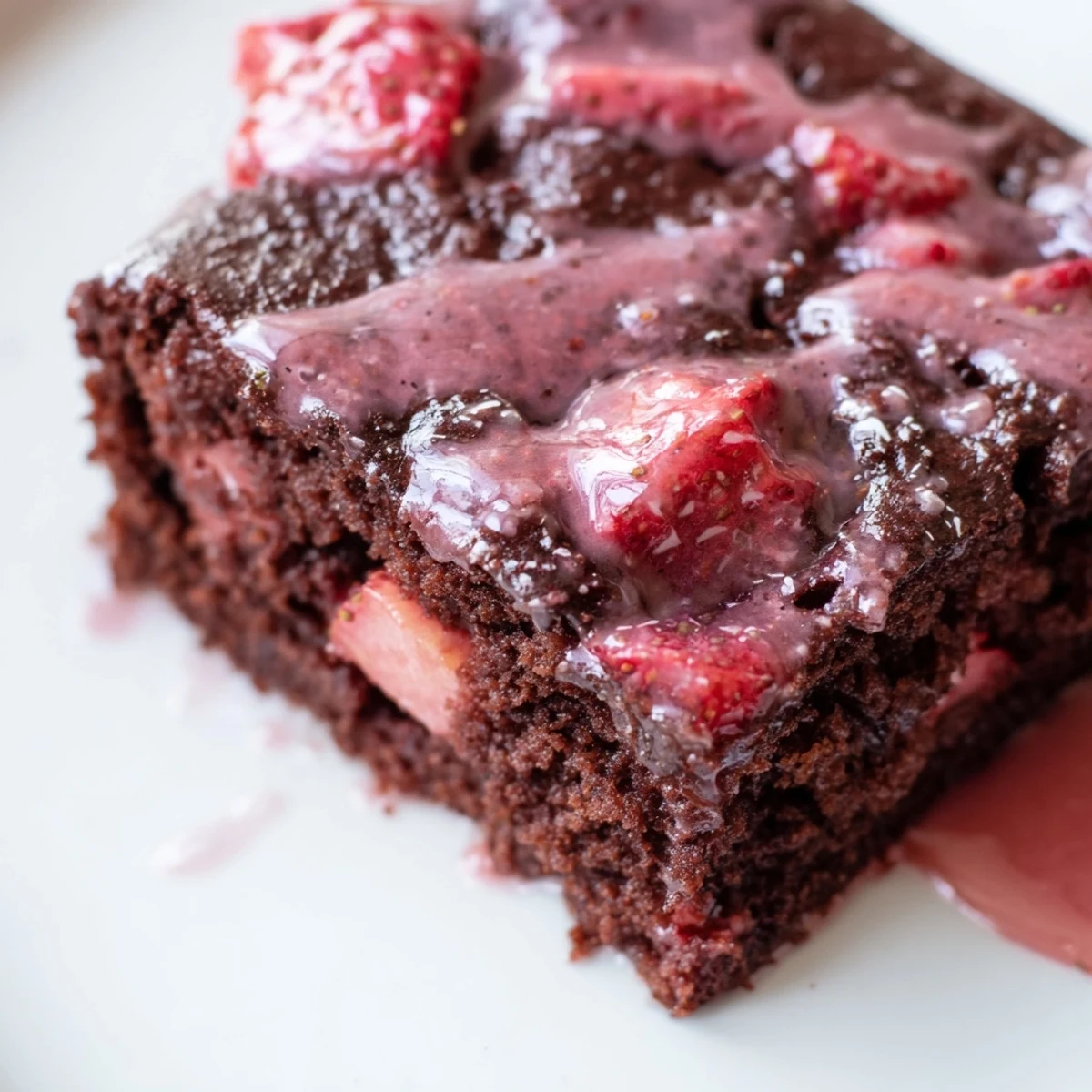 Drizzled easy strawberry brownies topped with sweet pink glaze on a white dessert plate