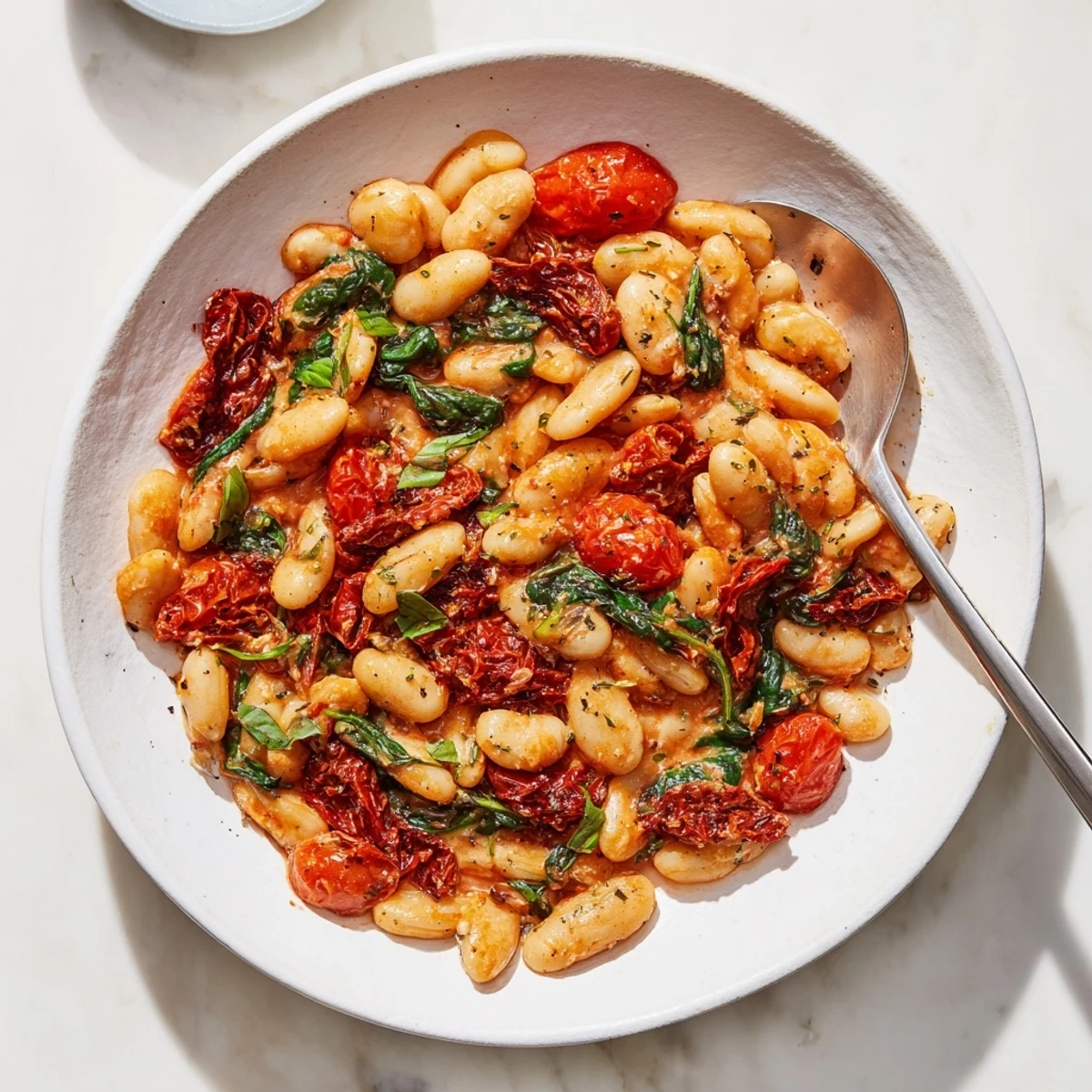 Golden butter beans simmered with sun-dried tomatoes and Greek yogurt in a white bowl