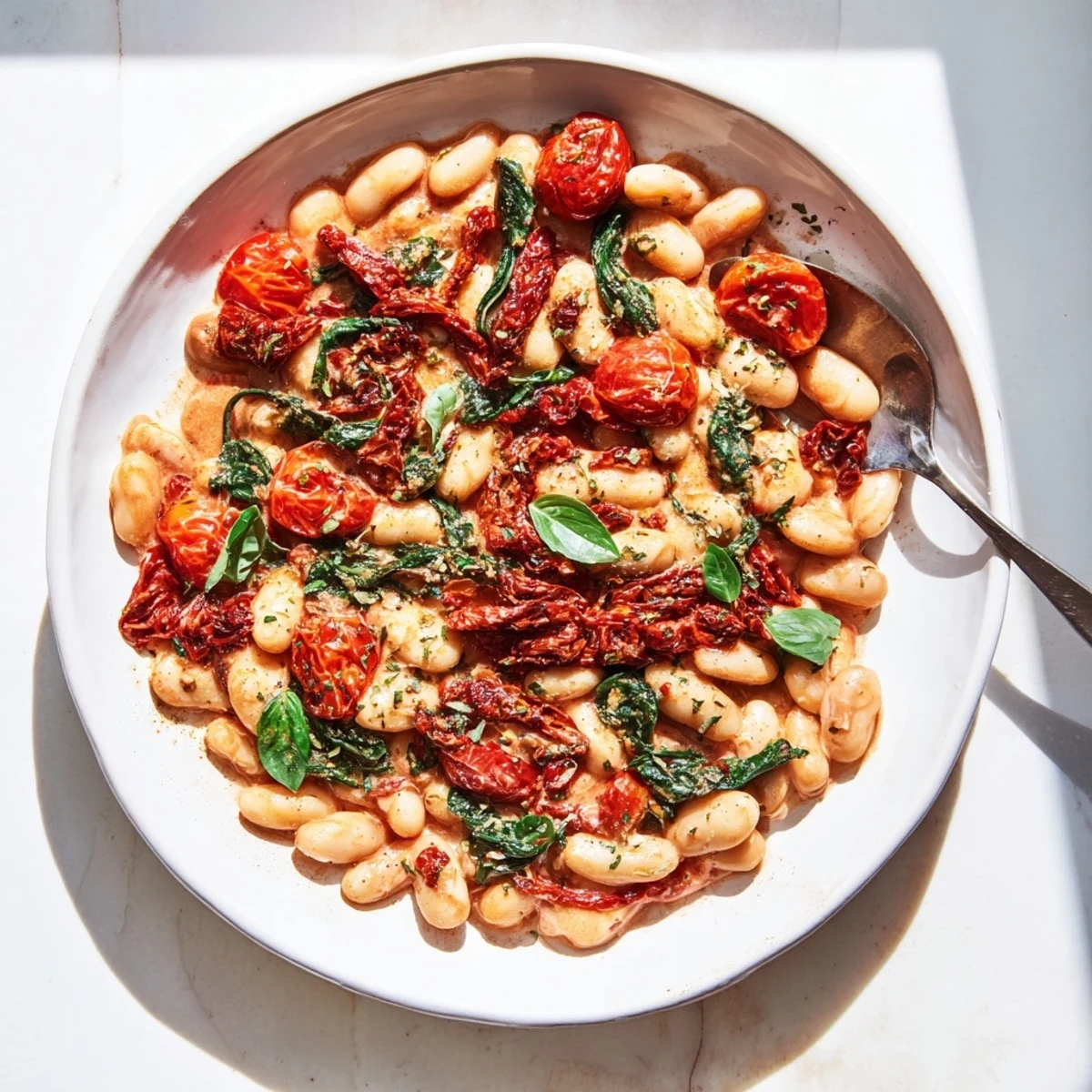Creamy Greek yogurt butter beans in rich tomato sauce with fresh basil garnish