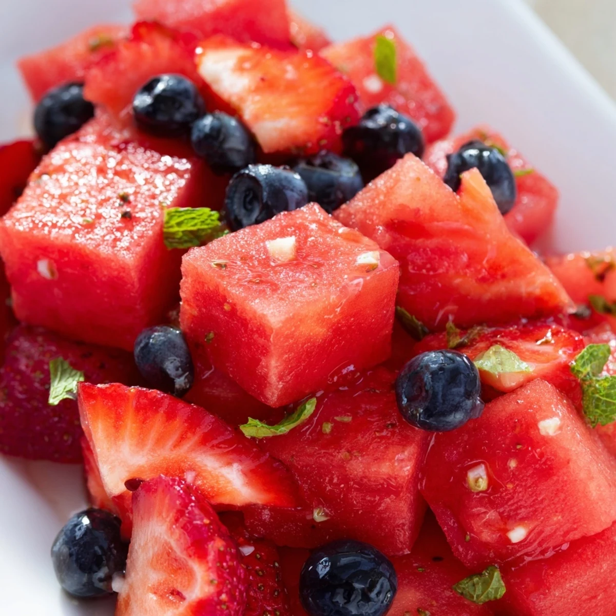 Colorful bowl of fresh strawberry watermelon salad drizzled with tangy honey lime vinaigrette and mint
