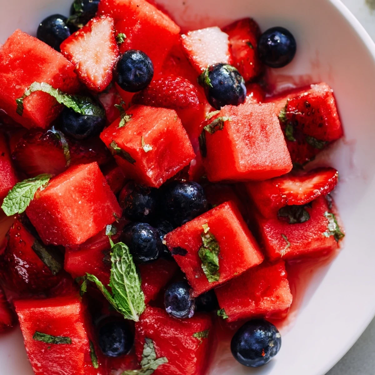 Summer strawberry watermelon salad glistening with honey lime dressing and fresh mint leaves in white bowl