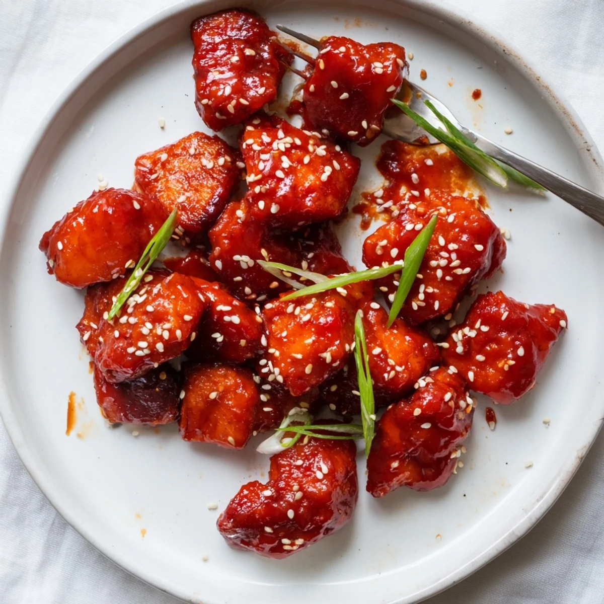 Gochujang chicken pieces glazed in glossy red sauce with sesame seed garnish