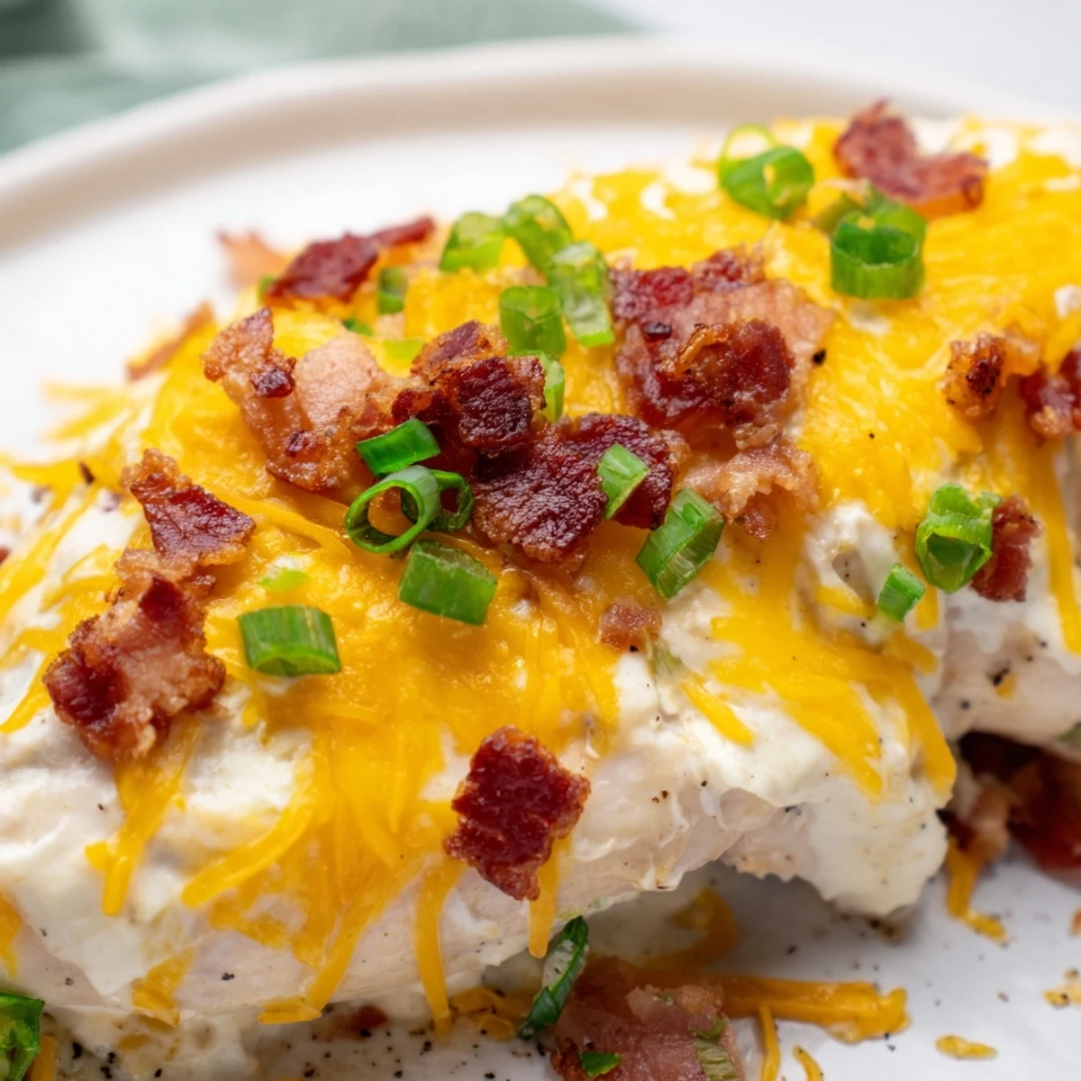 Golden baked crack chicken topped with crispy bacon and melted cheddar cheese in a white ceramic dish