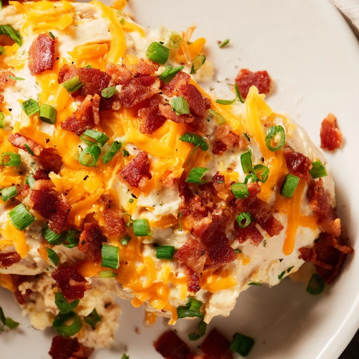 Creamy ranch seasoned chicken breasts bubbling with cheese and savory bacon crumbles fresh from the oven