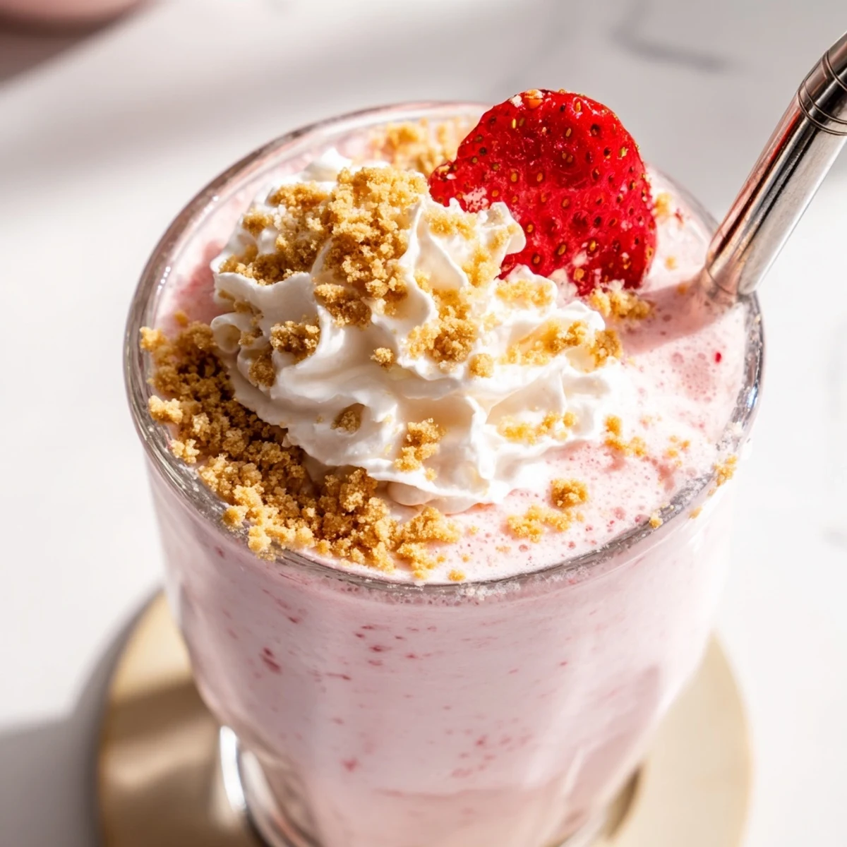 Thick strawberry cheesecake milkshake topped with whipped cream and fresh strawberry slices