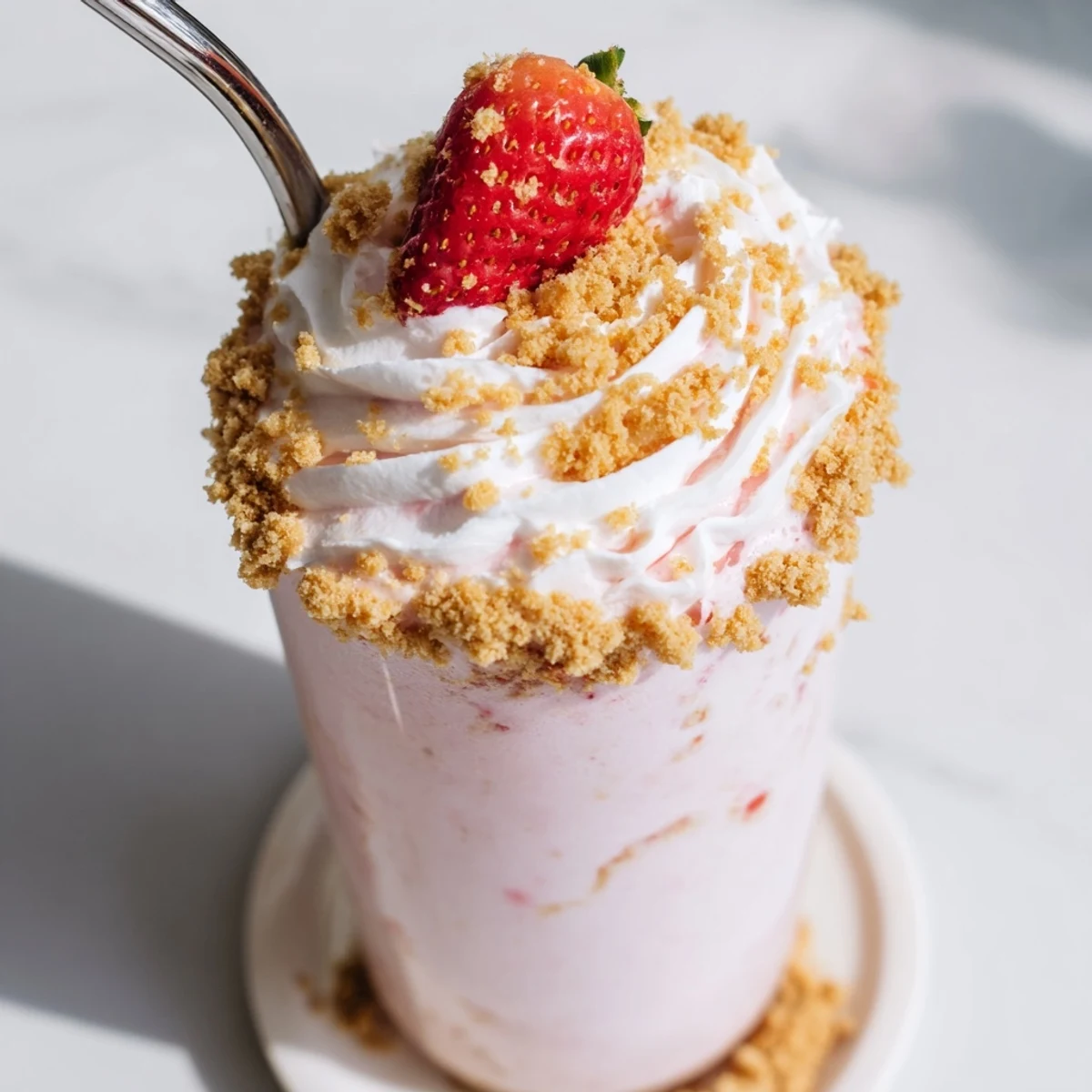 Creamy homemade strawberry cheesecake milkshake garnished with crushed graham crackers and berries