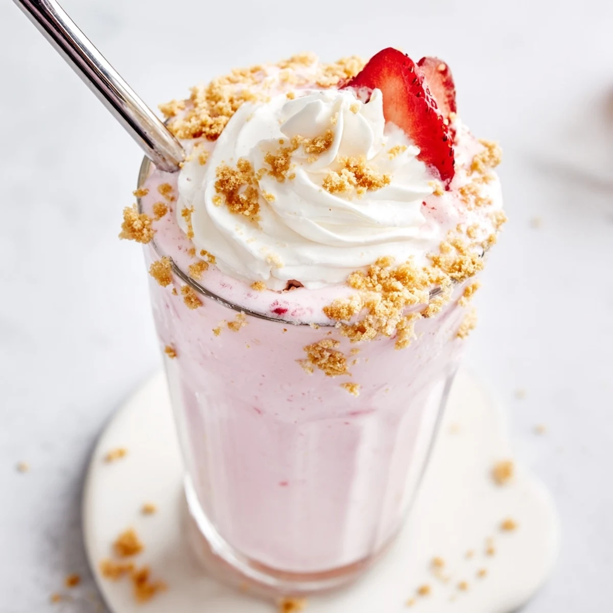Rich pink strawberry cheesecake milkshake served in chilled glasses with sweet toppings