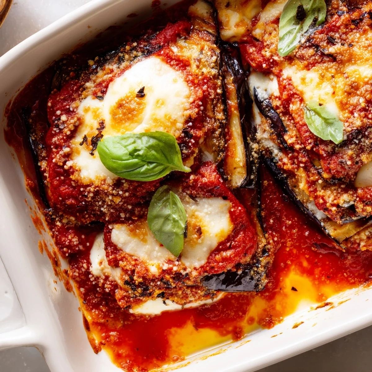 Layered Italian ricotta eggplant casserole featuring roasted eggplant and rich tomato sauce