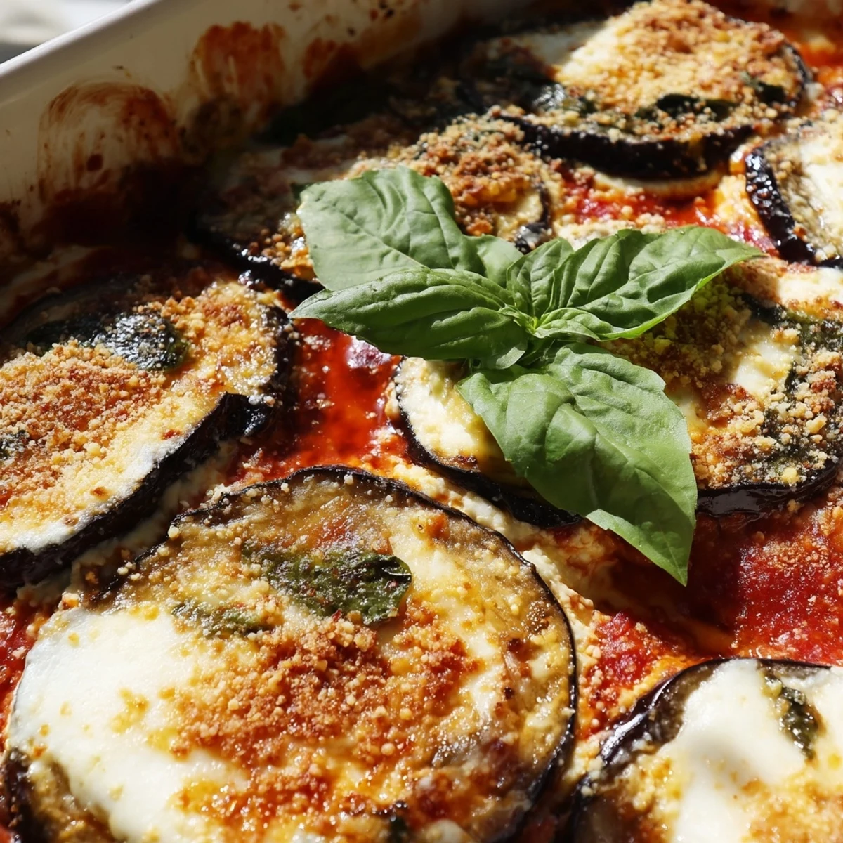 Golden baked ricotta eggplant casserole with bubbling mozzarella and fresh basil garnish