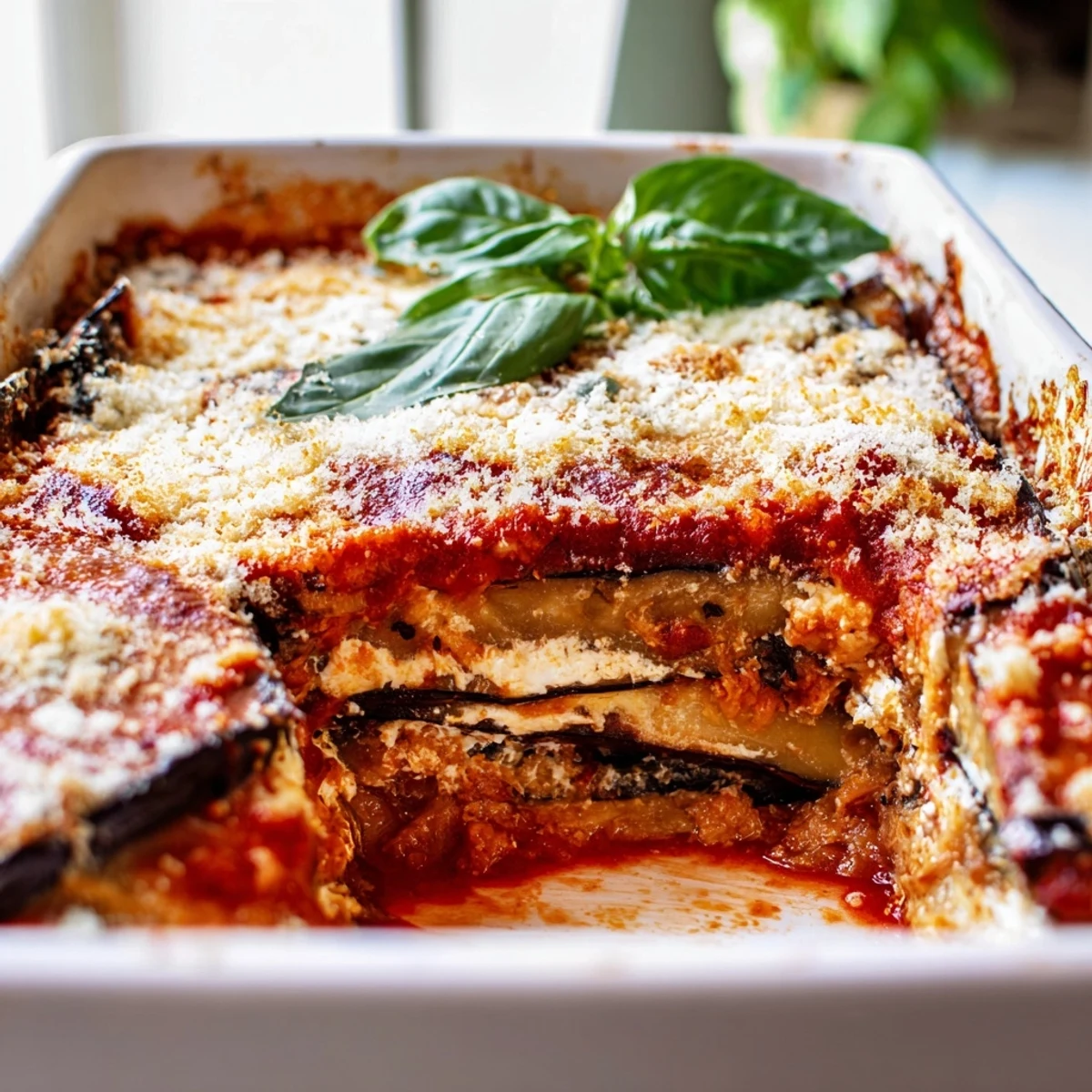 Comforting ricotta eggplant casserole sliced to reveal creamy cheese and tender vegetables