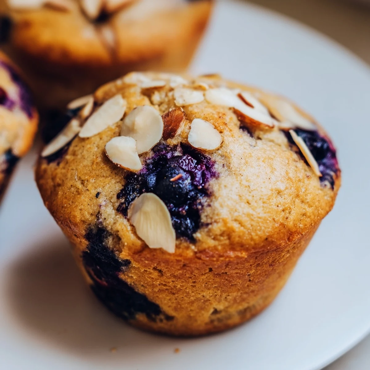 Golden almond flour blueberry muffins with Greek yogurt cooling on a wire rack