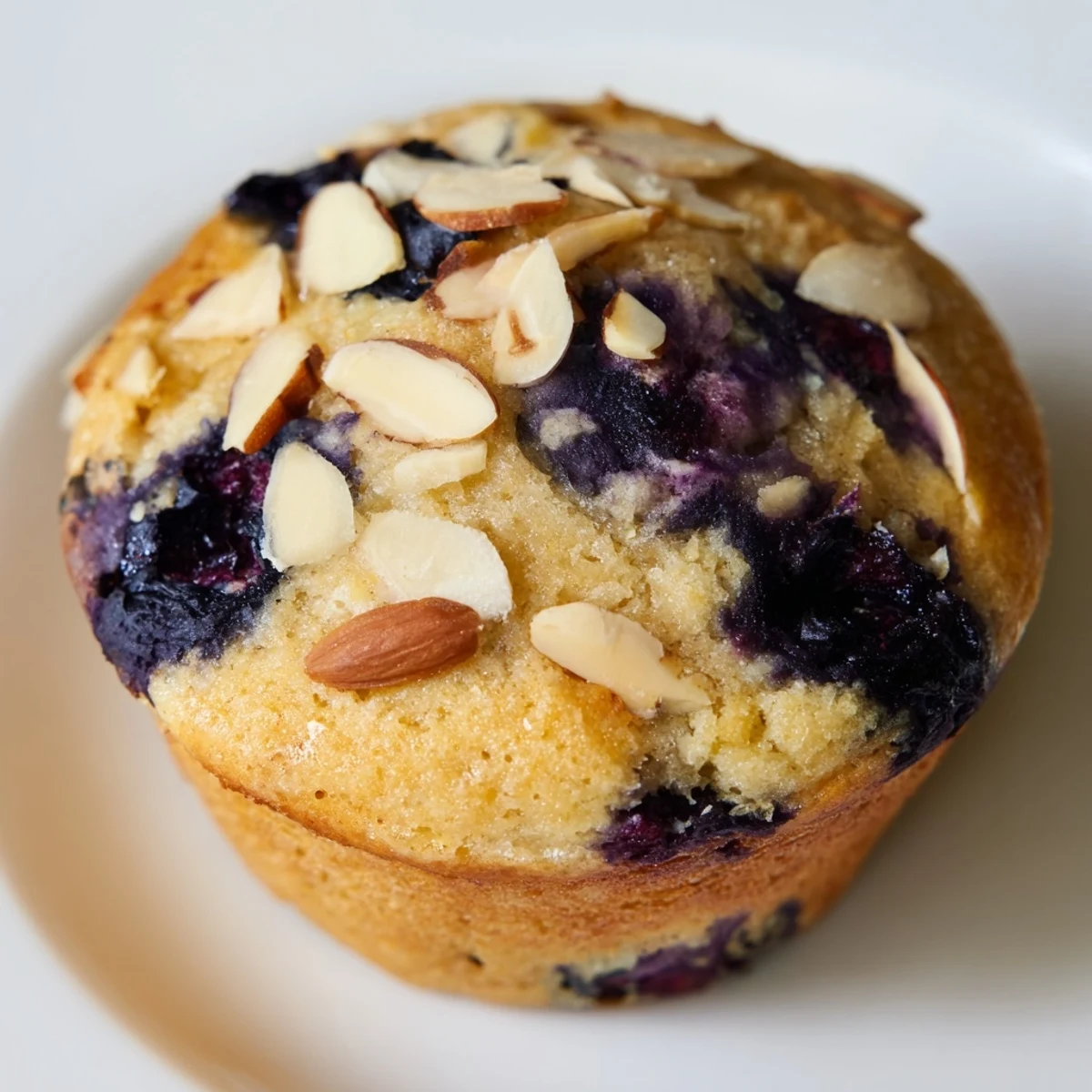 Fresh blueberry studded gluten-free muffins topped with golden brown cracked crust