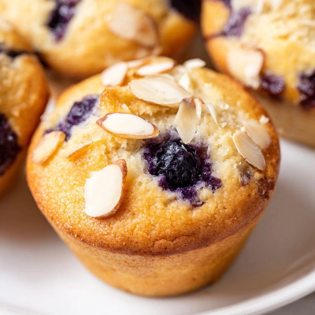 Moist almond flour blueberry muffins bursting with juicy berries on white plate