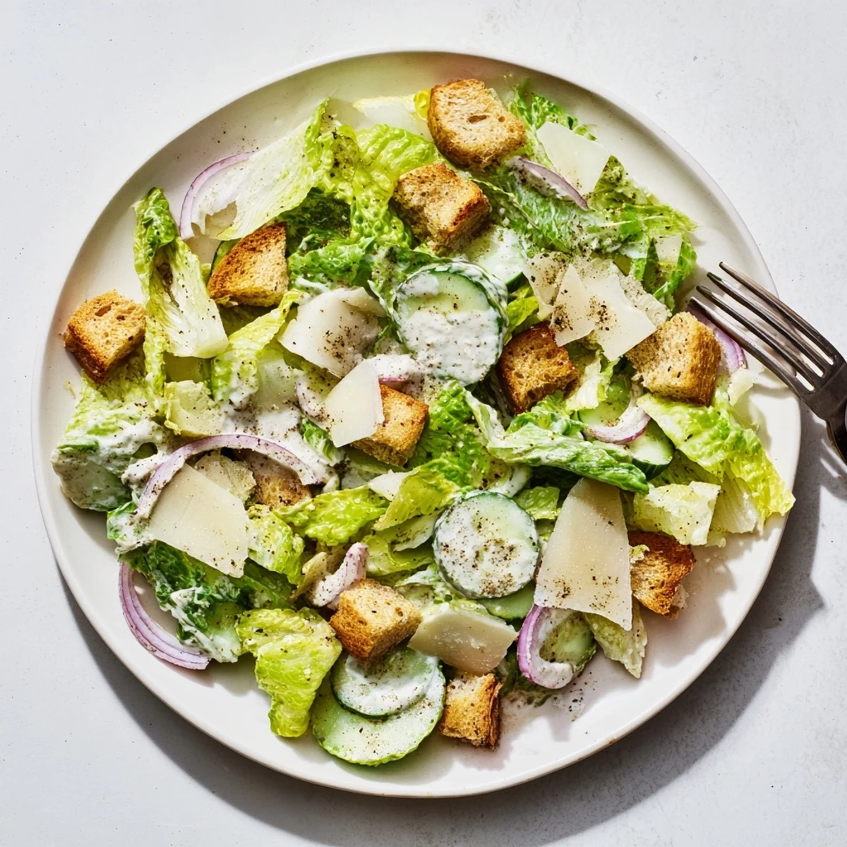 Fresh cucumber Caesar salad with crisp romaine, golden croutons, and creamy Parmesan dressing drizzled over crunchy vegetables