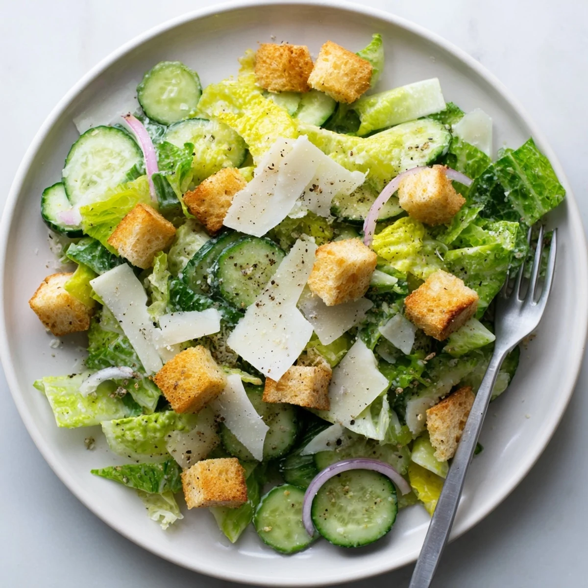 Crisp cucumber Caesar salad featuring romaine lettuce, tangy homemade dressing, and golden brown croutons scattered throughout